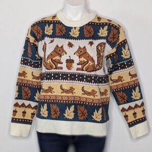 Novelty Blue Brown Fall Squirrel Thanksgiving Sweater M